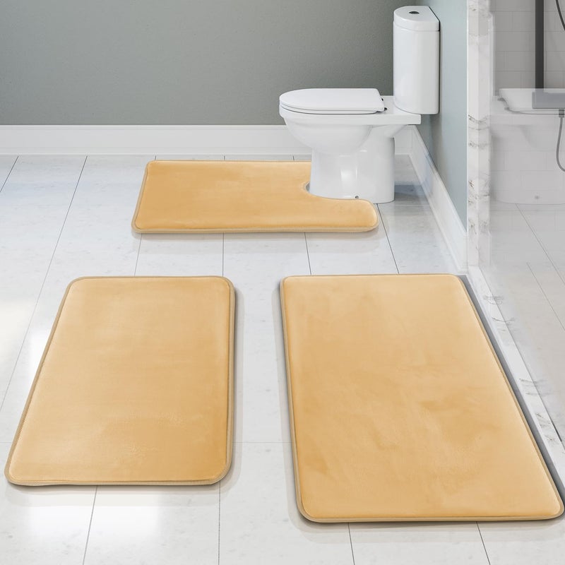Clara Clark 3 Piece Bathroom Rugs Bath Mat Set, Velvet Memory Foam Bath Mats for Bathroom - Non-Slip, PVC Backing Bath Rugs, Washable - Dries Quickly, Beige - Image 1